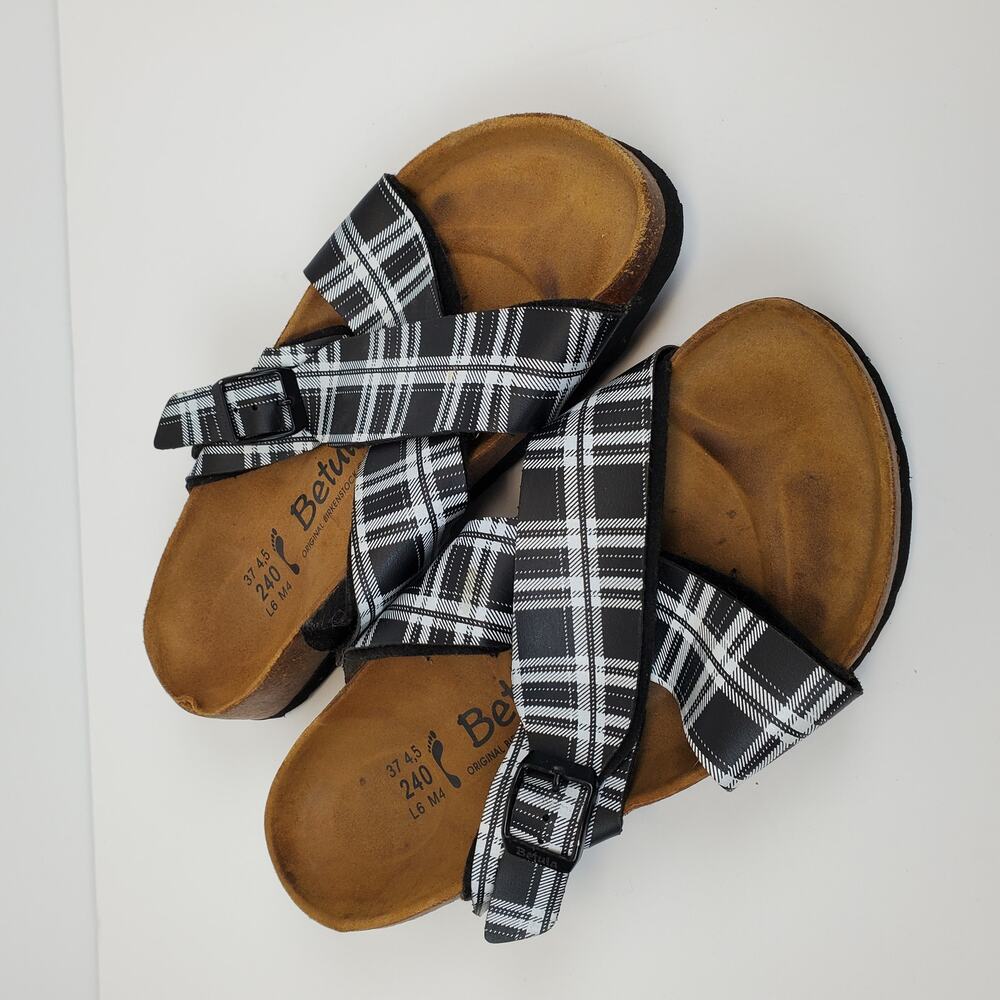 Birkenstock Sandals Womens Size 6 Betula Plaid Slip On Leather‎ Flat Cork